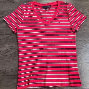 Tommy Hilfiger Women's Red Striped Short Sleeve Tee Y2K Retro Size Medium